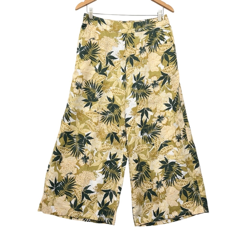 Tahari Luxe Wide Leg Pants Sz L Neutral Linen Mid Rise Floral Tropical Casual